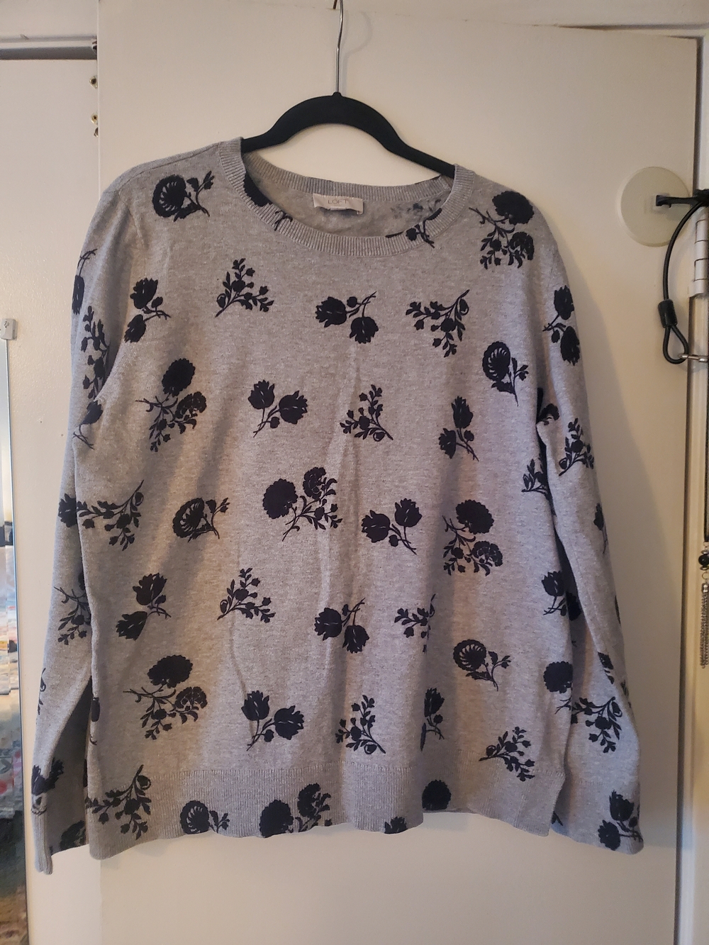 LOFT Gray Crewneck Sweater with Black Floral Print